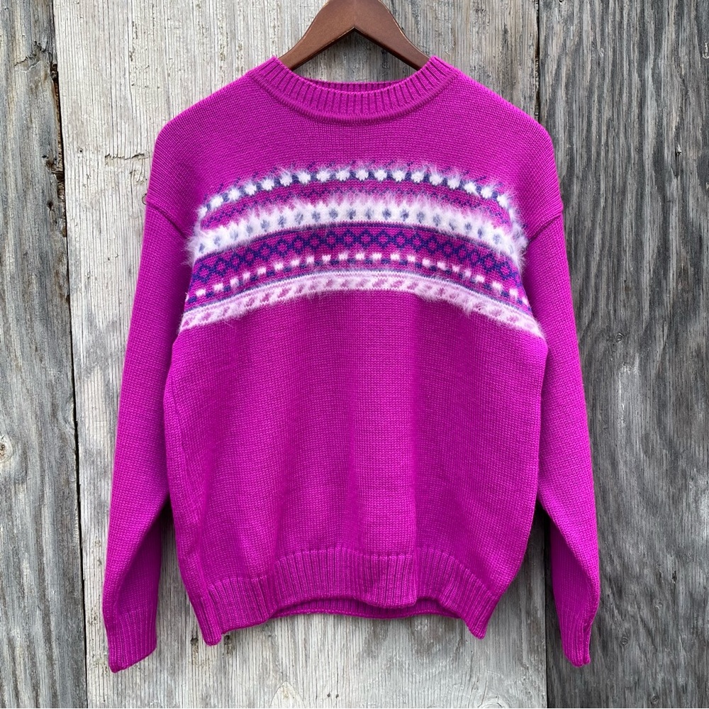 Capello VINTAGE 100% Wool Magenta Fairisle Knit Nordic Sweater